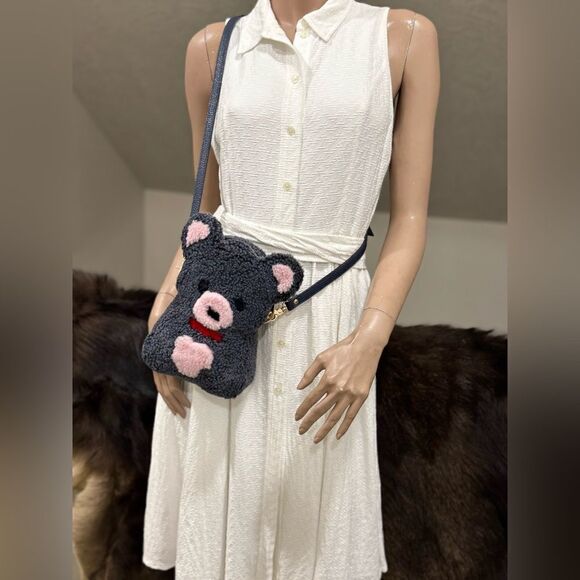 Gray Teddy Bear Purse, Handmade Colorblock Real Shearling Crossbody/Phone Pouch - Picture 10 of 16
